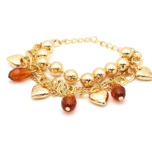 Gold Tone Triple Strand Bracelet – Amber Glass Teardrop & Heart Charm Jewelry